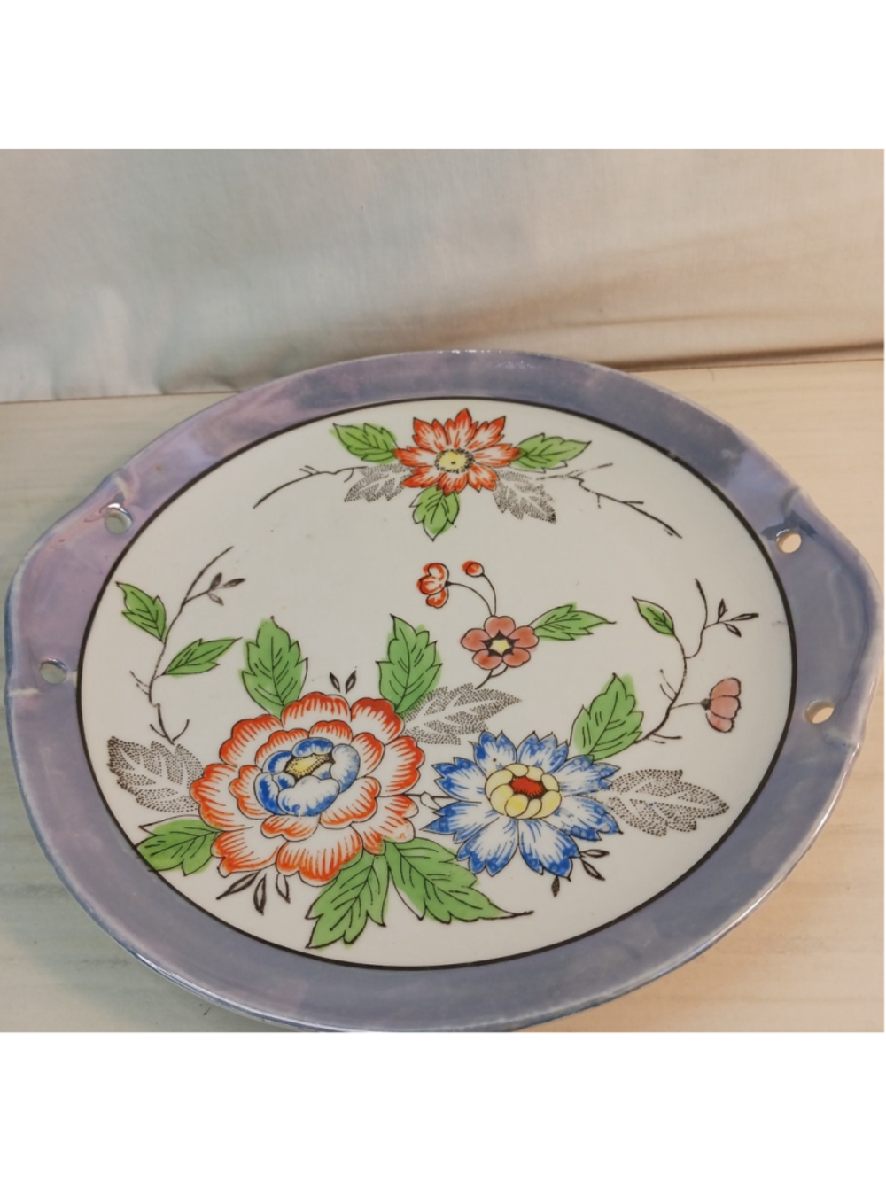 VTG Japanese hand painted Blue Lusterware Shallow Bowl 1950s 10” Grandmacore